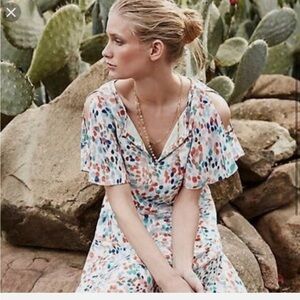 Maeve Anthro Watercolor Pastel Orange Blue‎ Dot Flutter Sleeve Cutout Dress XS